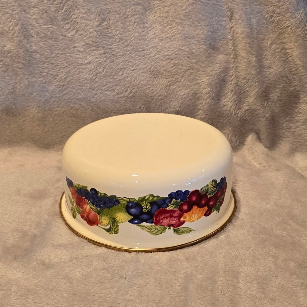 Vintage Linco Fruit Pattern Enamel Serving Bowl Cream Gold Rim - Picture 2 of 3